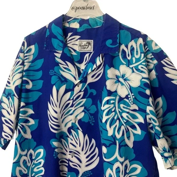Vintage 80’s Men’s Blue Hawaiian Palm Print Short Sleeve Shirt Made In Hawaii